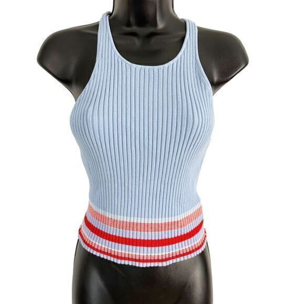 C/MEO Collective Cross Back Cropped Tank Top Blue Red Small Preppy Sporty Chic